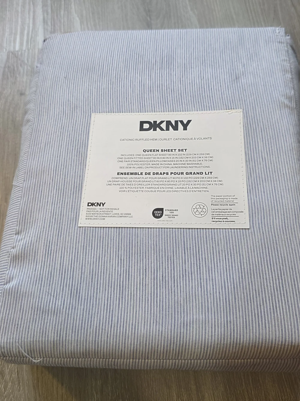 DKNY Queen Sheet Set Blue Stripes 4 Piece Ruffled Hem Cottagecore